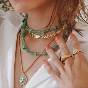 18K Gold coated on Titanium Steel Doble Ring Necklace Herringbone Womens Jewelry